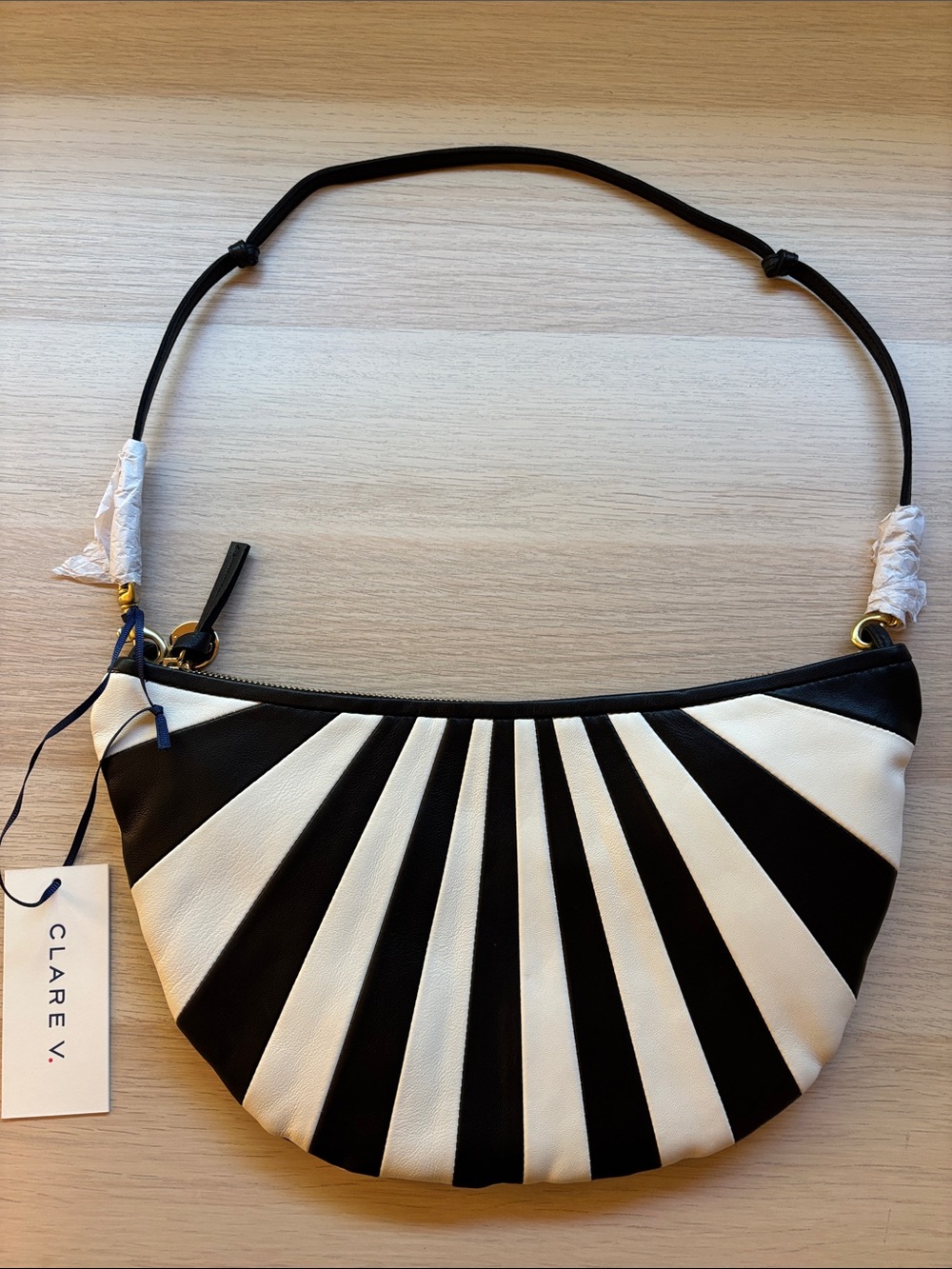 Clare V. Lune Black & White Fan-Stripe Leather Shoulder Bag NWT